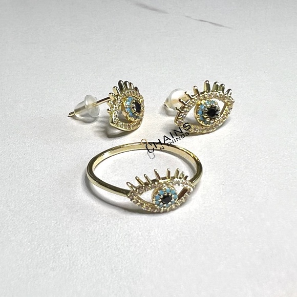 Blue eye Ring & Earrings SET gold plated sparkly zircon cute lashes boho stylish - Picture 3 of 7